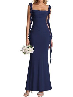 Women's Navy Boat Neck Elegant Ruffle Bodycon Formal Cocktail Maxi Dress